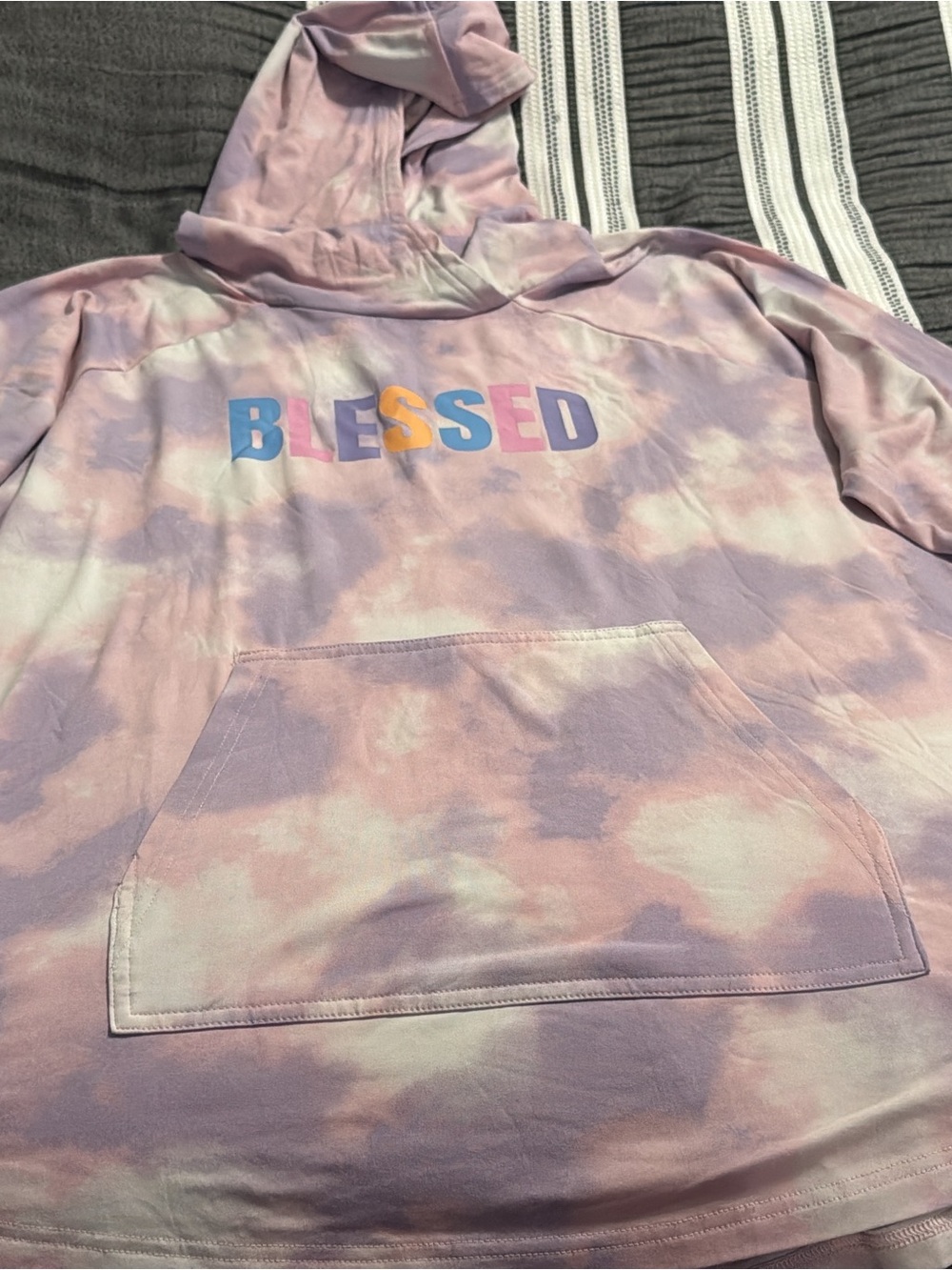 LuLaRoe Tie-Dye 'BLESSED' Hoodie in Lavender, Pink & White